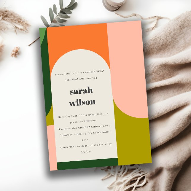 Färgstark Bright Groovy Retro Arch oavsett ålder F Inbjudningar (Skapare uppladdad)