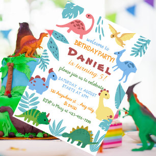 färgstark dinosauriememeterad födelsedagsfest inbjudningar