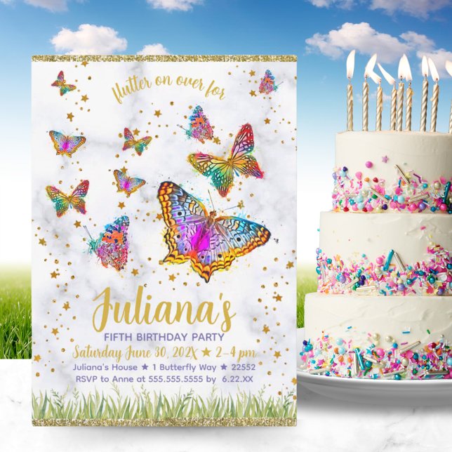 Färgstark Födelsedagsfest för Bright Butterfly Inbjudningar (Colorful Bright Butterfly Birthday Party Invitation)