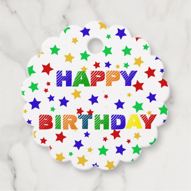 Färgstark födelsedagsfest med enkel modern röd stj gåvor etiketter (Framsida)