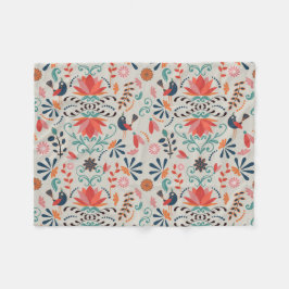 Färgstark folkkonst blå röd fågelblomma fleecefilt