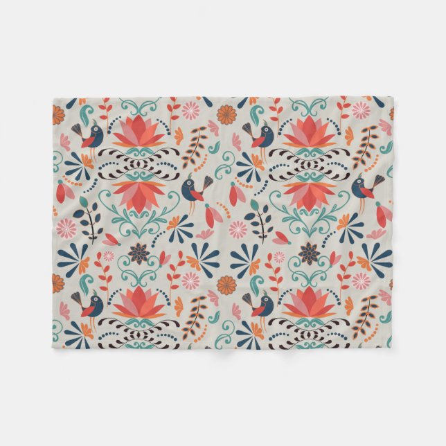 Färgstark folkkonst blå röd fågelblomma fleecefilt (Framsidan (Horisontell))