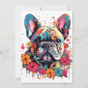 Färgstark Fransk-bullhund med blommor Julkort