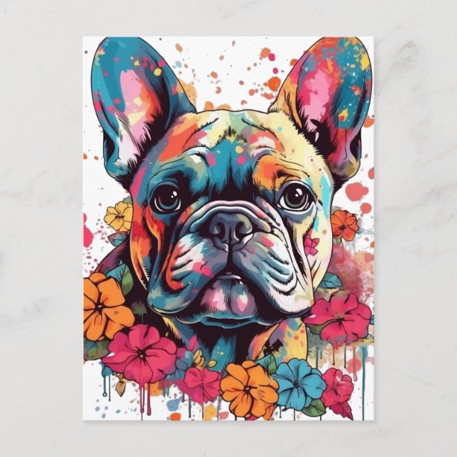 Färgstark Fransk-bullhund med blommor Vykort (Framsida)