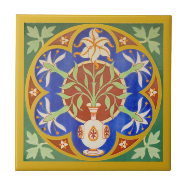 Färgstark Gothic Revival TIle Lilies Fleur des Lis Kakelplatta (Framsidan)