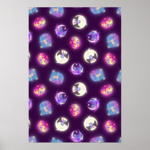 Färgstark Halloween Cute Fladdermöss Teckning Möns Poster