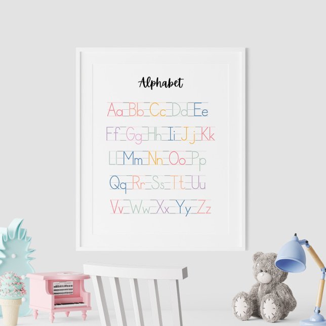 Färgstark, handskriven Alphabet Education Poster (Colorful Handwritten Alphabet Educational Poster on the wall in white frame.)