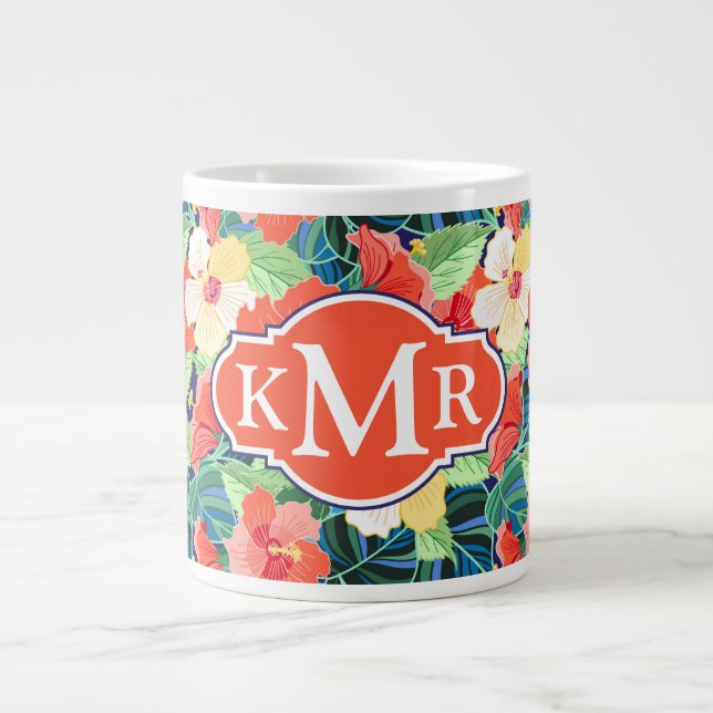 Färgstark Hibiscus Mönster| Monogram Jumbo Mugg (Framsidan)
