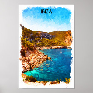 Färgstark Ibiza Spain Watercolor liggande Poster