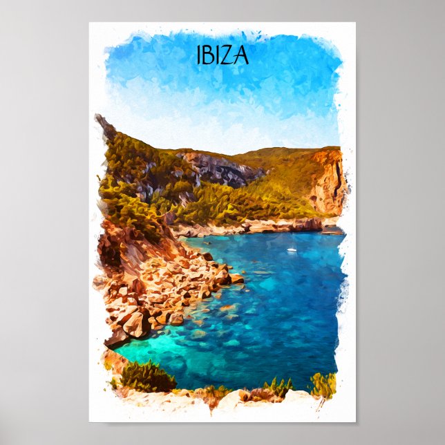 Färgstark Ibiza Spain Watercolor liggande Poster (Framsidan)