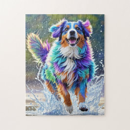 Färgstark jätteglad lekfull rolig hund, plask pussel