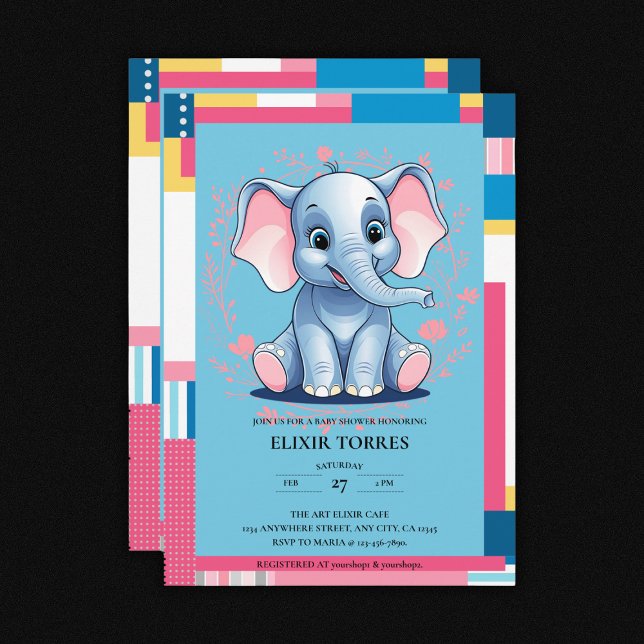 Färgstark jungle Blue Elephant Baby Shower Inbjudningar (Skapare uppladdad)