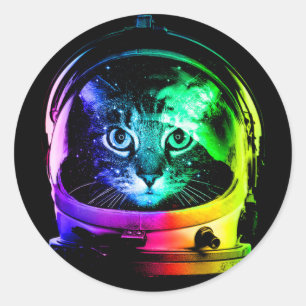 Färgstark kattastronaut runt klistermärke