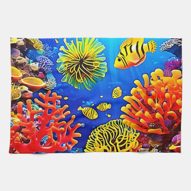 Färgstark korallrevsdesign kökshandduk (Horisontell)