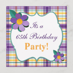 Färgstark Lila Plaid 65e Birthday-inbjudan Inbjudningar