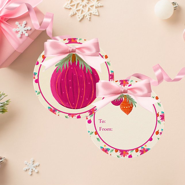 Färgstark ljus jul gåvor etiketter (Colorful bright hot pink Christmas ornament with festive holiday details.)