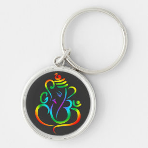 Färgstark Lord Ganesha på svart Rund Silverfärgad Nyckelring