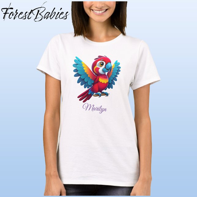 Färgstark Macaw Parrot Cute Bird Tecknad Graphic � T Shirt (Macaw Parrot, White Customizable ForestBabies Women's Basic T-shirt - Front)