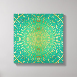 Färgstark Mandala Guld Emerald Grönt Canvastryck