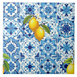 Färgstark,Medelhavet,mosaik,blå,citron, Kakelplatta