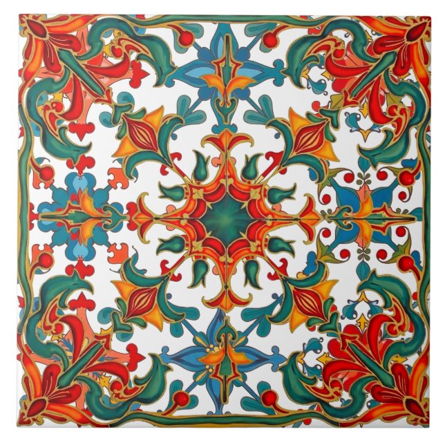 Färgstark,Medelhavet,mosaik,röd,orange,grönt. Kakelplatta (Framsidan)