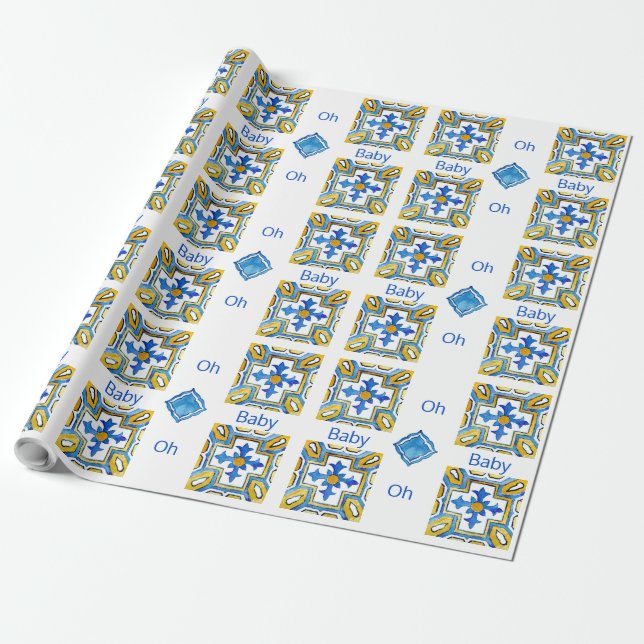 Färgstark Medelhavsblå Oh Baby Shower Presentpapper (Utrullad)
