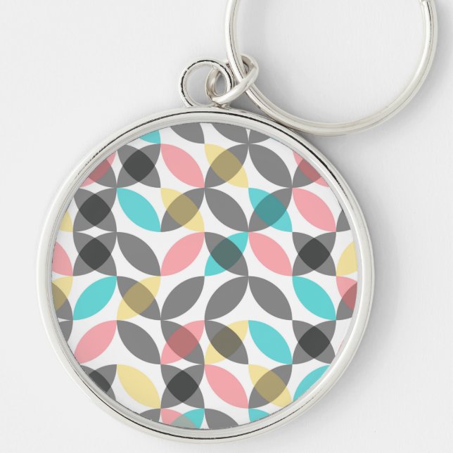 Färgstark, modern, glad cirkelformad geometrisk rund silverfärgad nyckelring (Framsidan)