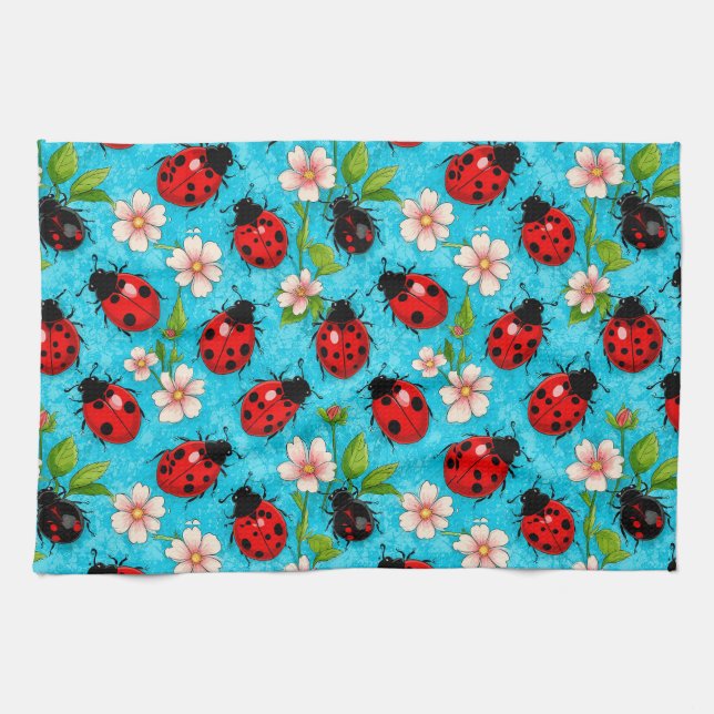 🐞 Färgstark Nyckelpiga Blomsterträdgård Glädje Kökshandduk (Horisontell)