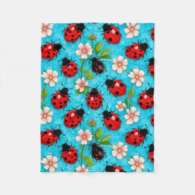 Färgstark Nyckelpigepattern med Blommor Fleecefilt (Framsidan)
