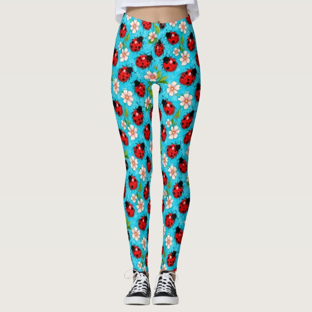 Färgstark Nyckelpigepattern med Blommor Leggings (Framsida)