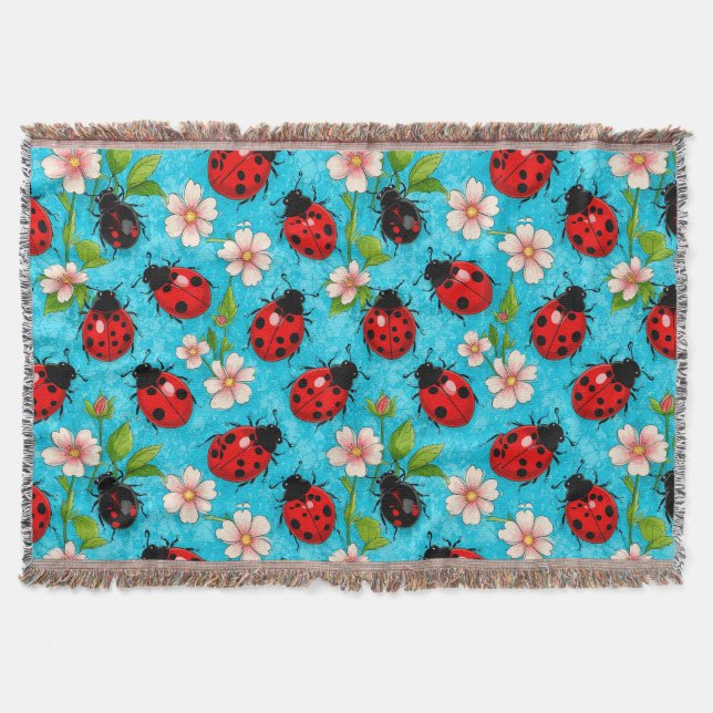 Färgstark Nyckelpigsmönster med Blommor Filt (Framsidan)