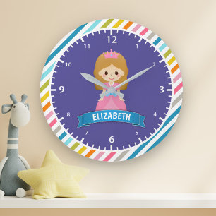 Färgstark Rand Cute Princess Kids Girls Bedroom Stor Klocka