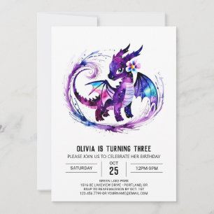 Färgstark redigerbar draken Digital Girl Birthday Inbjudningar