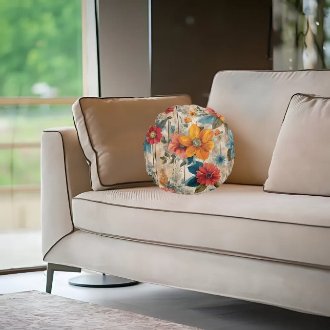 Färgstark roustisk blomma rund kudde (Skapare uppladdad)