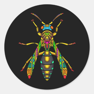 färgstark-stinger-bee-mandala-konst-isolerad-svart runt klistermärke