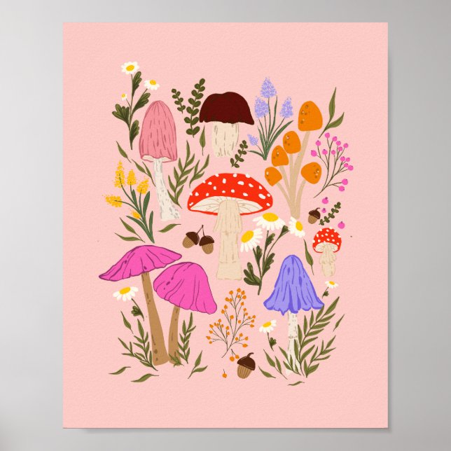 Färgstark svamp och illustration av vilda blommor poster (Framsidan)