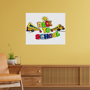 Färgstark Tecknad i Back to school med skola Poster