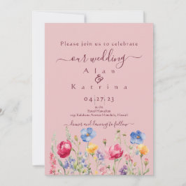 Färgstark Trädgård Boho Vildblomma På Rosa Inbjudningar