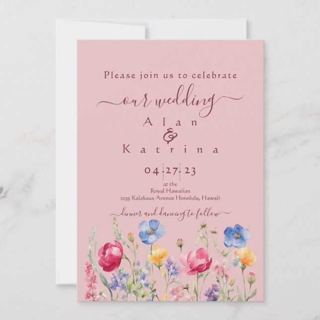 Färgstark Trädgård Boho Vildblomma På Rosa Inbjudningar (Framsida)