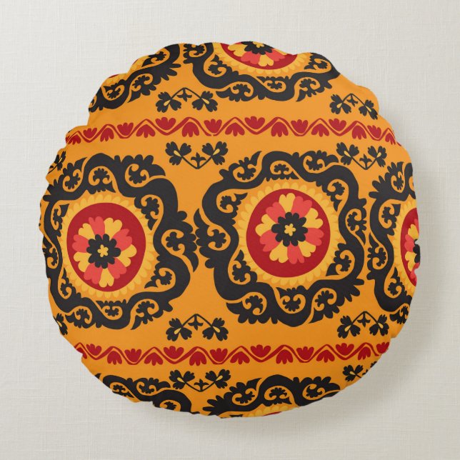 Färgstark traditionell, broisk-broderisk motif rund kudde (Framsidan)