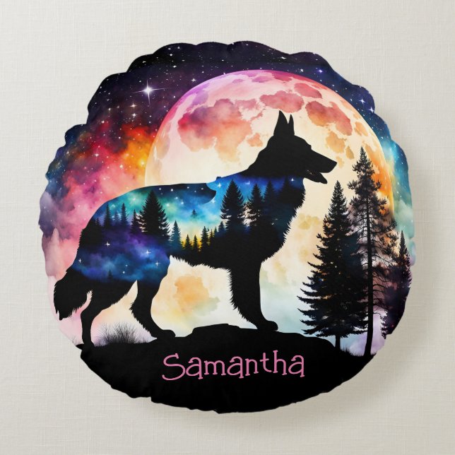Färgstark tysk Shepherd Silhouette *Personalize* Rund Kudde (Framsidan)