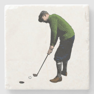 Färgstark Vintage Fotoillustration av Golfer Stenunderlägg