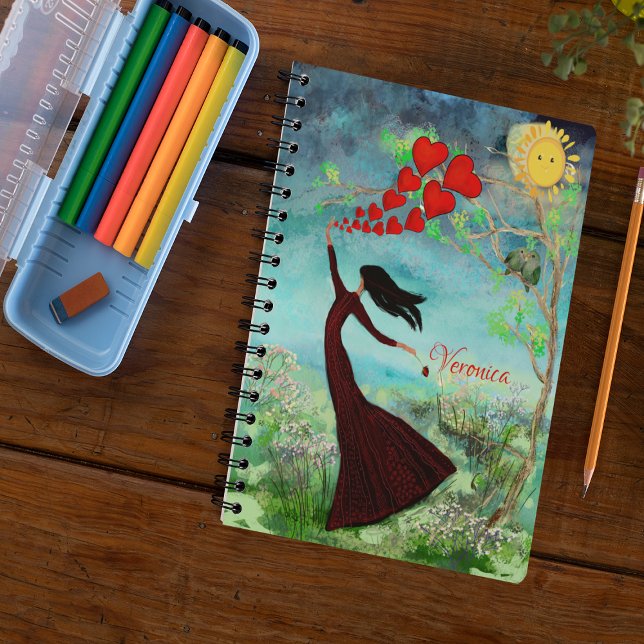 Färgstark, vismisk anteckningsbok (Whimsical Notebook with woman releasing hearts into the air for Valentine's day)