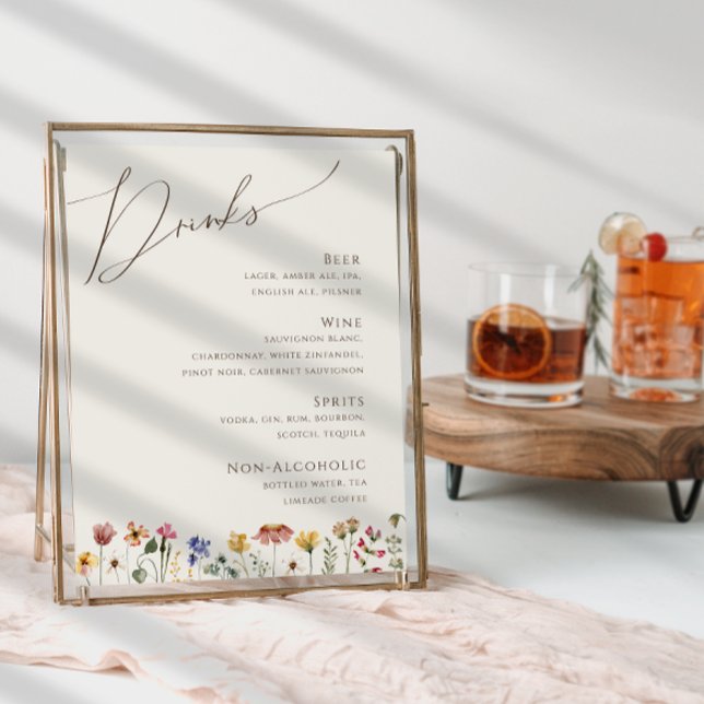 Färgstark Wildblomma | Beige Bröllop Drinks Menu Poster (Skapare uppladdad)