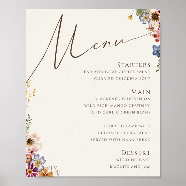 Färgstark Wildblomma | Beige Bröllop Menu-tecken Poster (Framsidan)