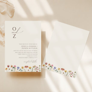 Färgstark Wildblomma   Beige Monogram Bröllop Inbjudningar