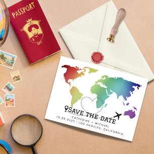 Färgstark World Map Destinations Wedding Spara Datumet
