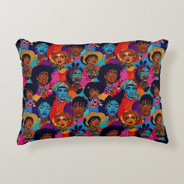 Färgstarka afrikanska kvinnor i blått prydnadskudde (Framsidan)