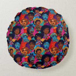 Färgstarka afrikanska kvinnor i blått rund kudde