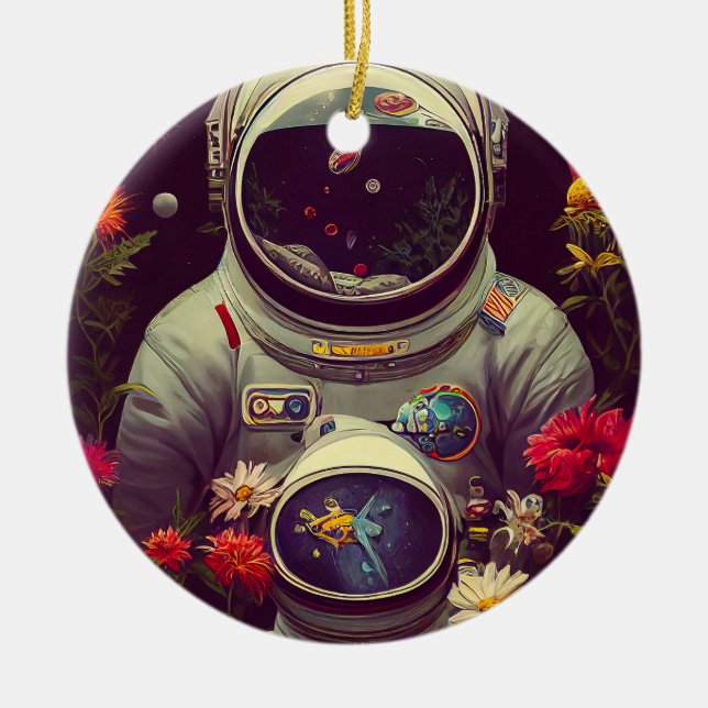 Färgstarka astronauter i rymden med blomsterkonst julgransprydnad keramik (Framsidan)